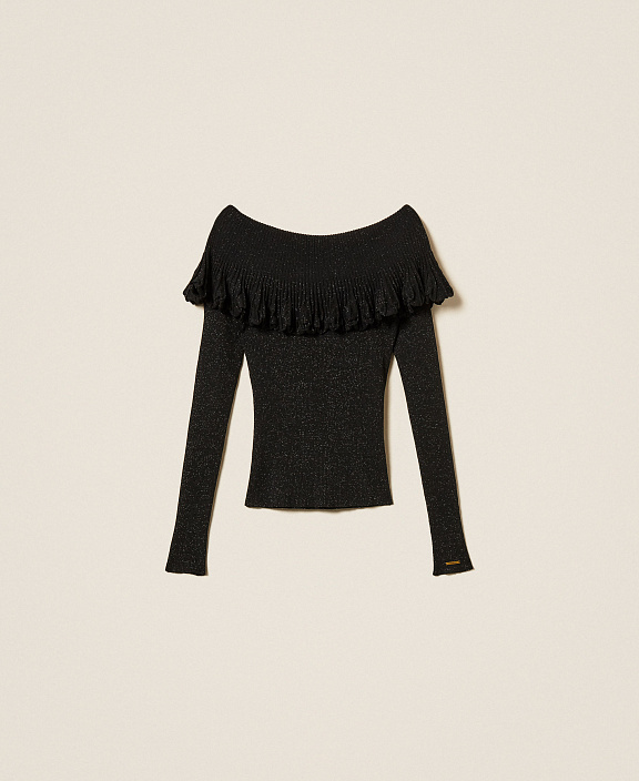 Джемпер с открытыми плечами и оборкой из трикотажа