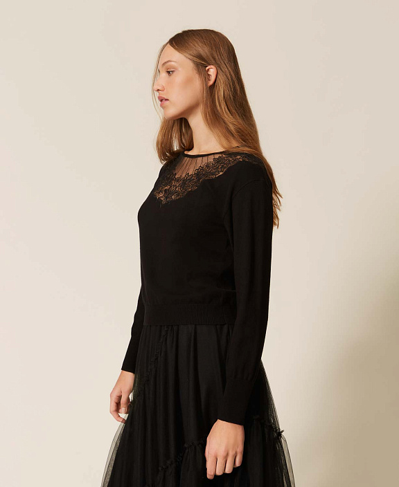 Джемпер со вставкой из органзы с цветочной вышивкой