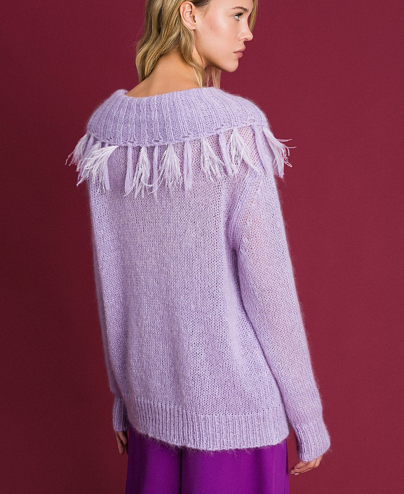 Мохеровая Трикотажный кардиган с перьями и бахромой