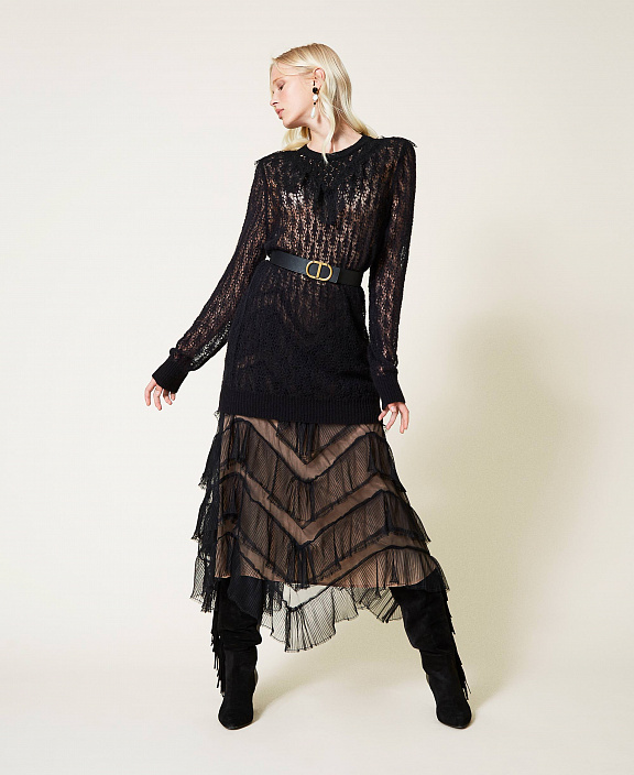 Длинная ажурная Трикотажный кардиган из смесовой шерсти с кружевом