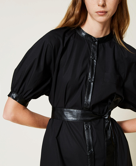 Платье рубашка с отделкой из кожи