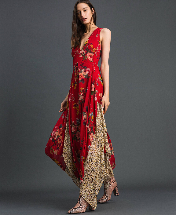 Платье из жоржета с цветочным и животным принтом