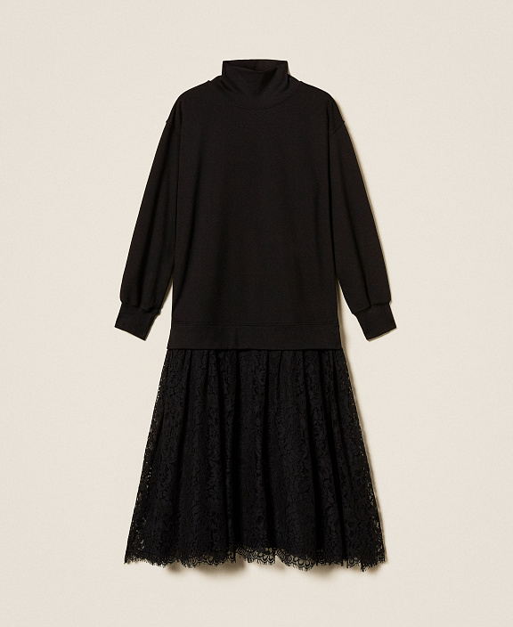 Платье миди из футера и кружева