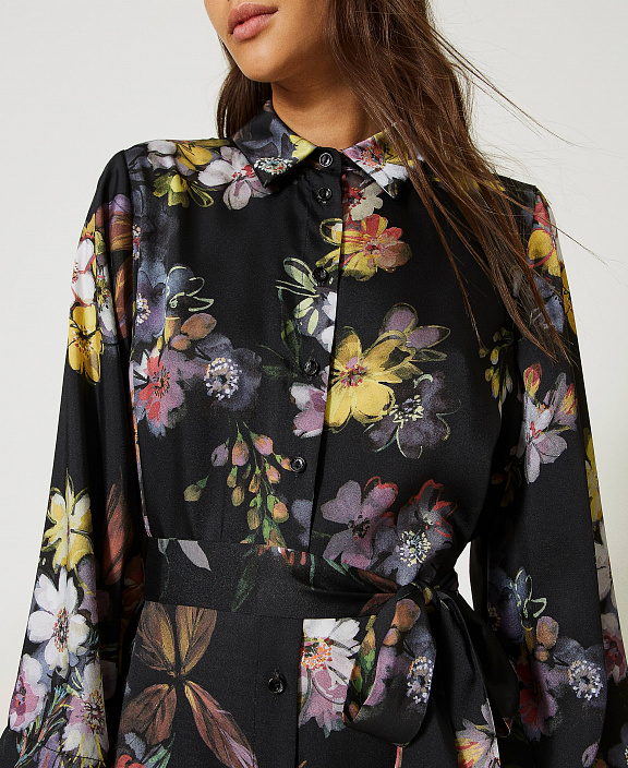 Короткое платье-рубашка из твила с цветочным принтом