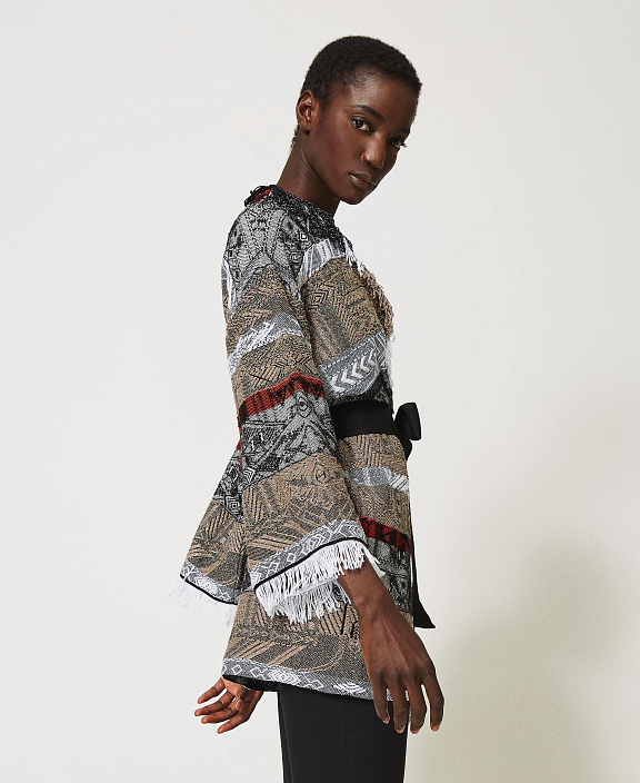 Длинный жаккардовый кардиган с бахромой