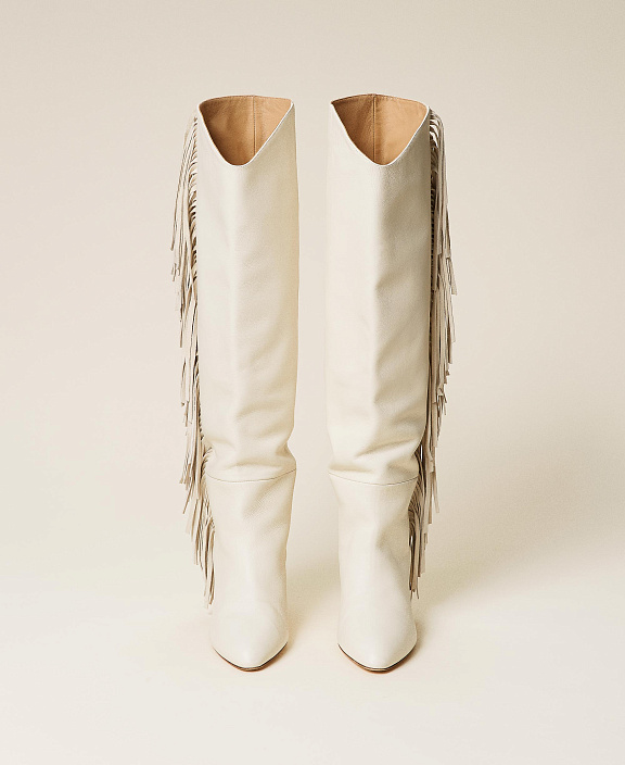 Высокие кожаные сапоги с бахромой