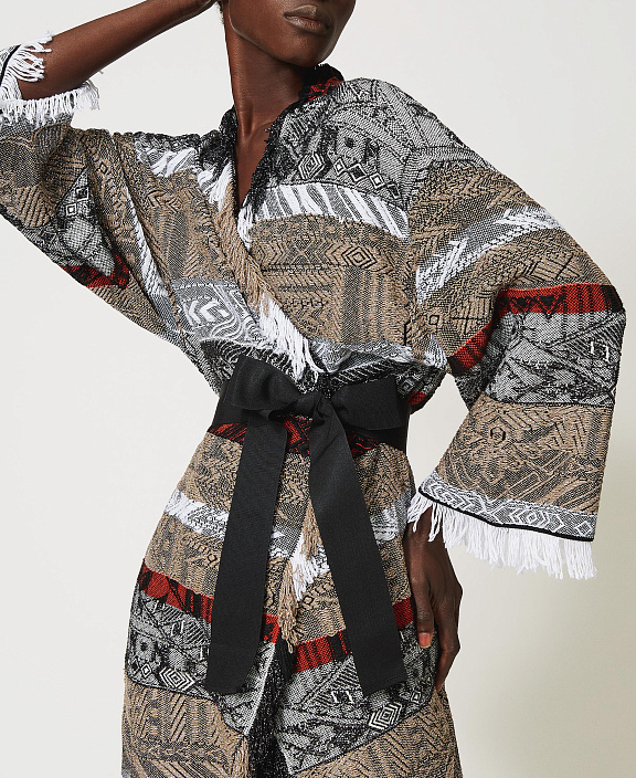 Длинный жаккардовый кардиган с бахромой