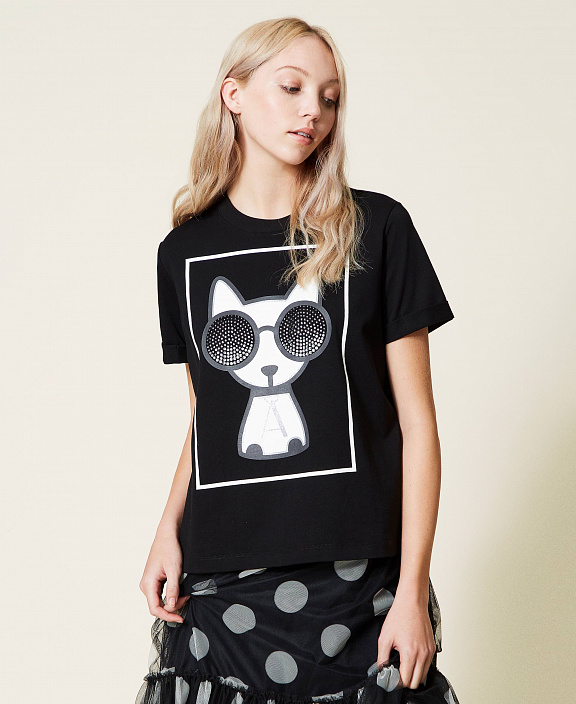 Футболка квадратного кроя с принтом и стразами