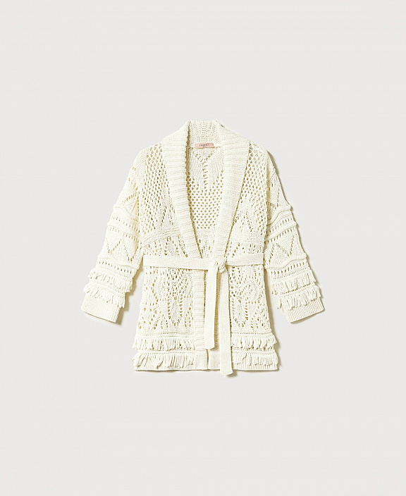 Длинный кардиган ажурной вязки с бахромой