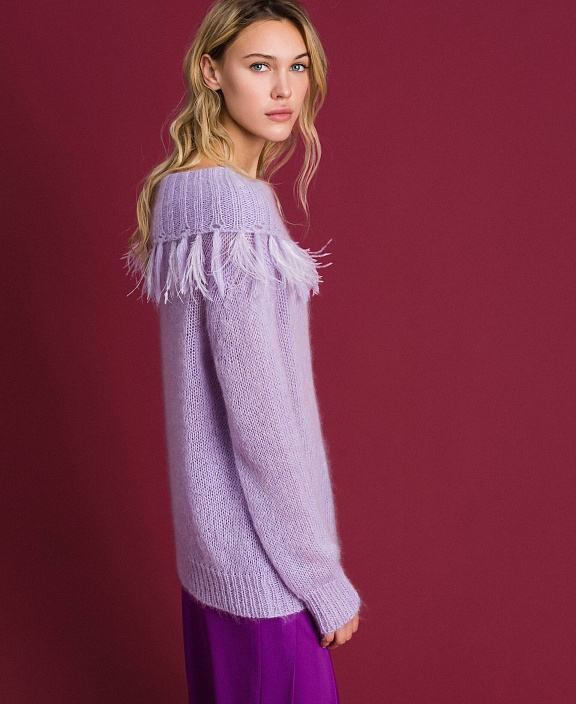 Мохеровая Трикотажный кардиган с перьями и бахромой