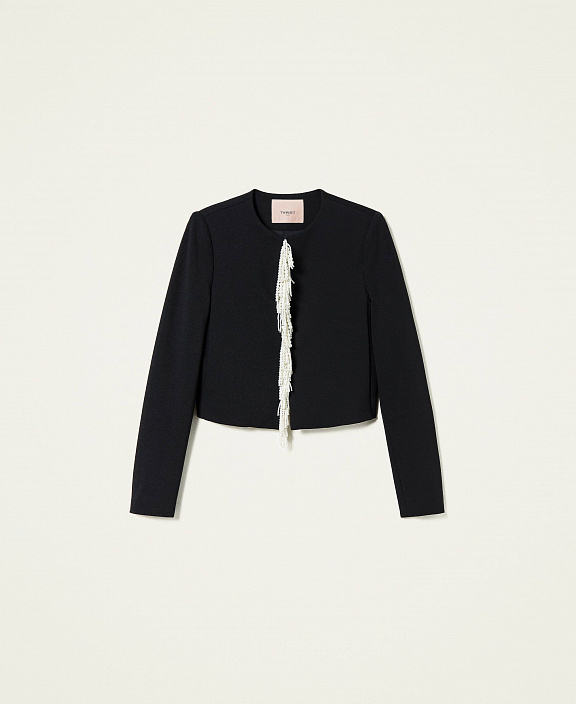 Жакет без воротника с жемчужной бахромой