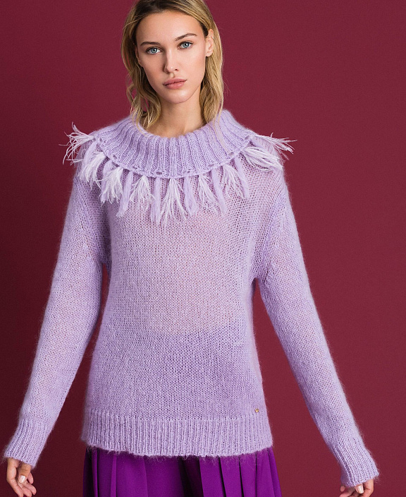 Мохеровая Трикотажный кардиган с перьями и бахромой