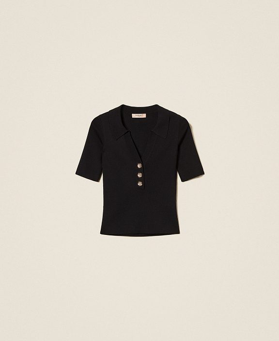 Трикотажный топ-поло на пуговицах с ювелирной отделкой