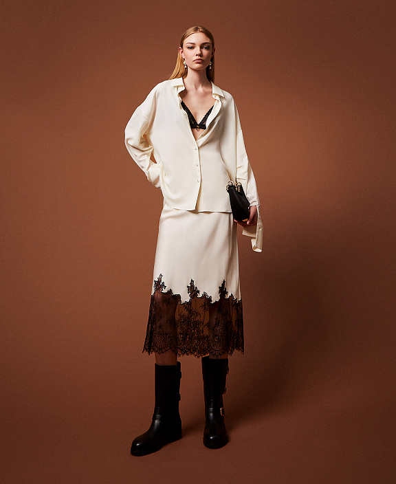 Юбка миди из атласа с кружевом