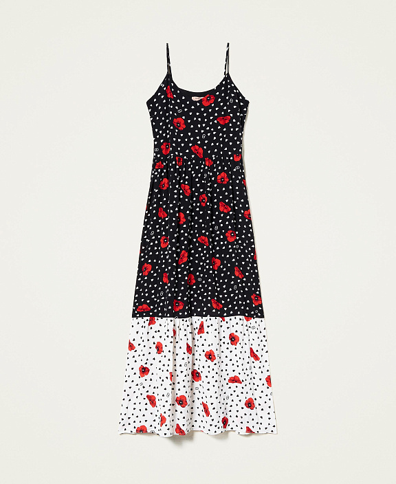 Длинное платье с принтом в виде сердечек и маков