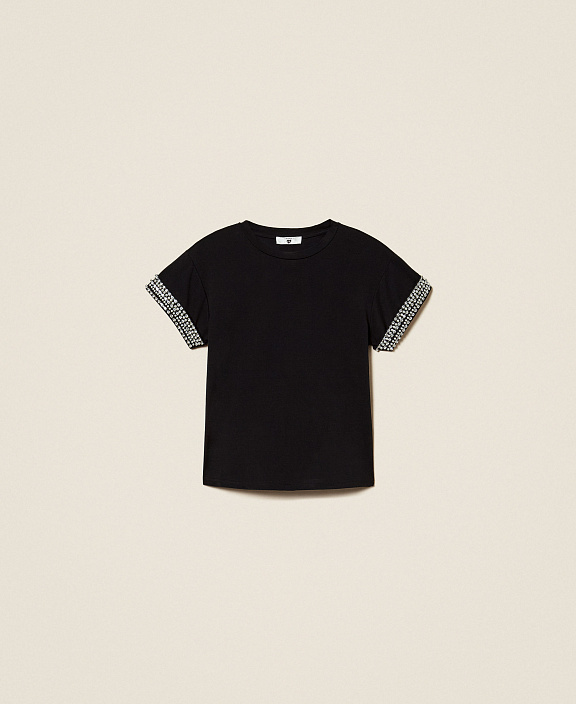 Футболка из джерси со стразами и жемчугом