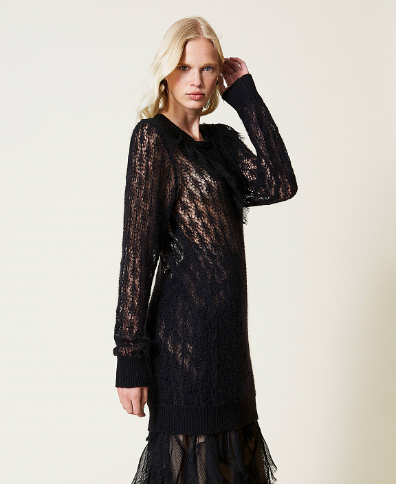 Длинная ажурная Трикотажный кардиган из смесовой шерсти с кружевом