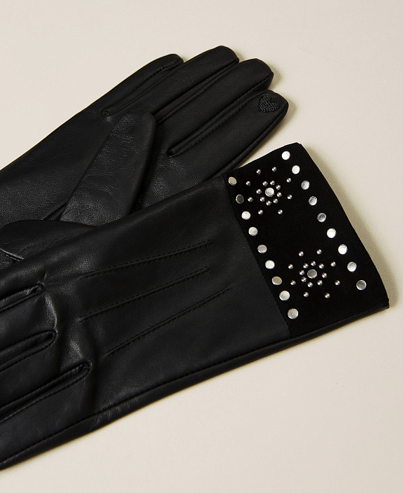 Кожаные перчатки с узором из стразов