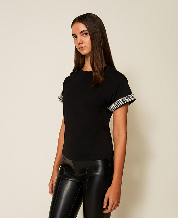 Футболка из джерси со стразами и жемчугом