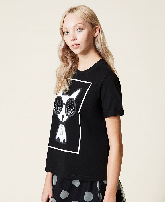 Футболка квадратного кроя с принтом и стразами