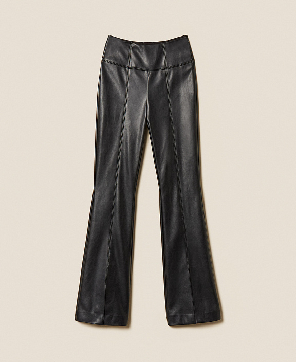 Брюки клеш с имитацией натуральной кожи с разрезами