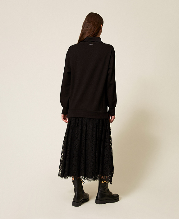 Платье миди из футера и кружева