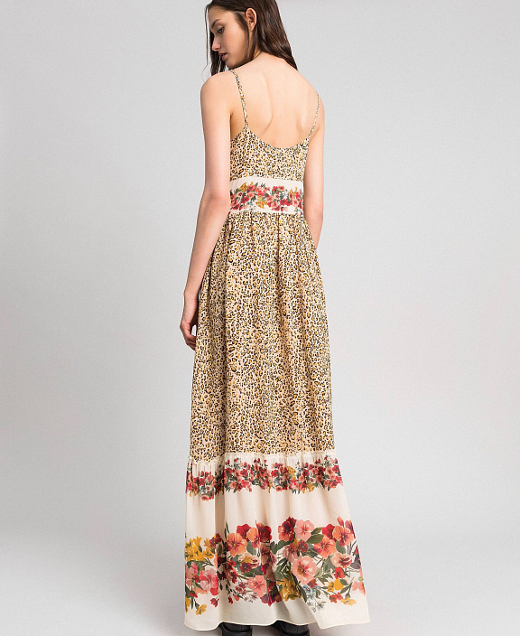 Длинное платье с животным и цветочным принтом