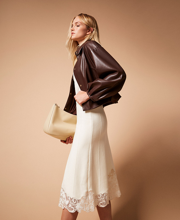 Трикотажная юбка миди со вставкой из органзы с цветочной вышивкой