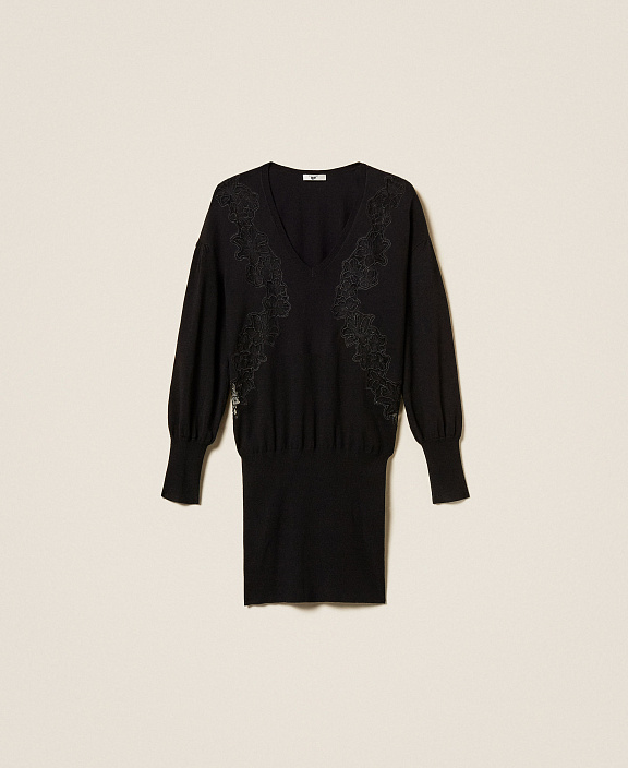 Трикотажное платье мини со вставкой из органзы с цветочной вышивкой