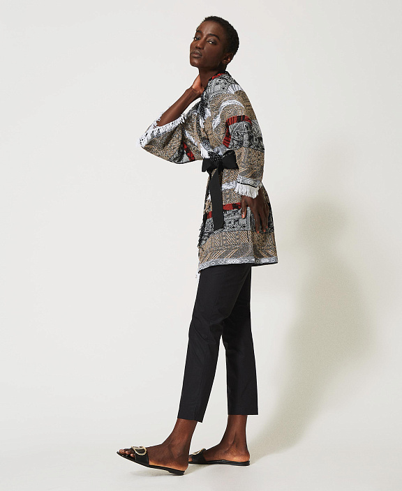 Длинный жаккардовый кардиган с бахромой