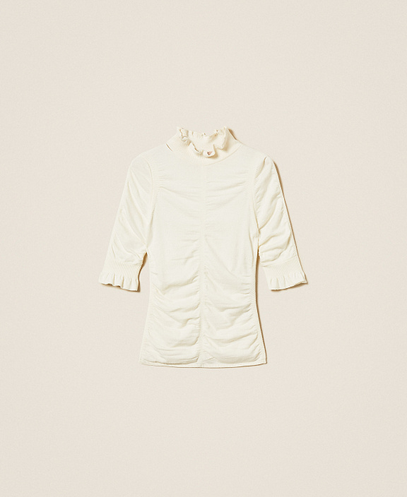 Джемпер с воротником-стойкой, укороченными рукавами и сборками