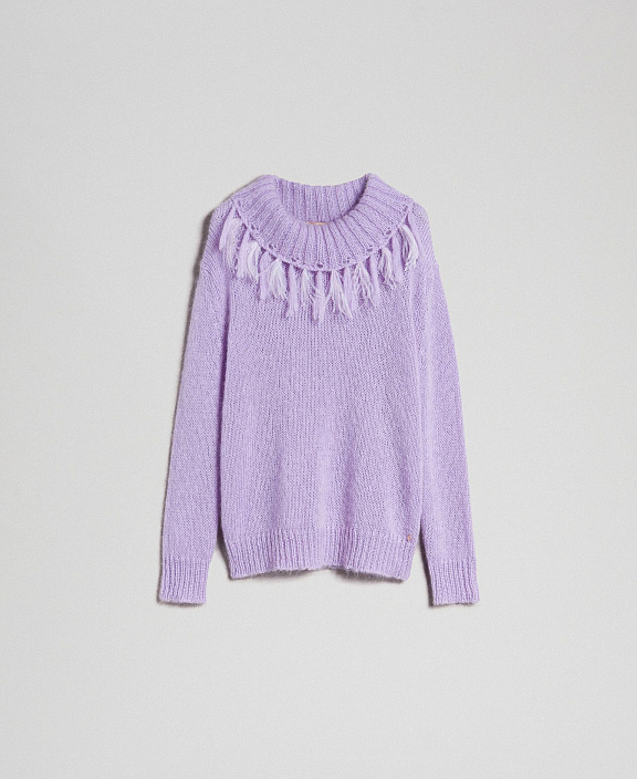 Мохеровая Трикотажный кардиган с перьями и бахромой